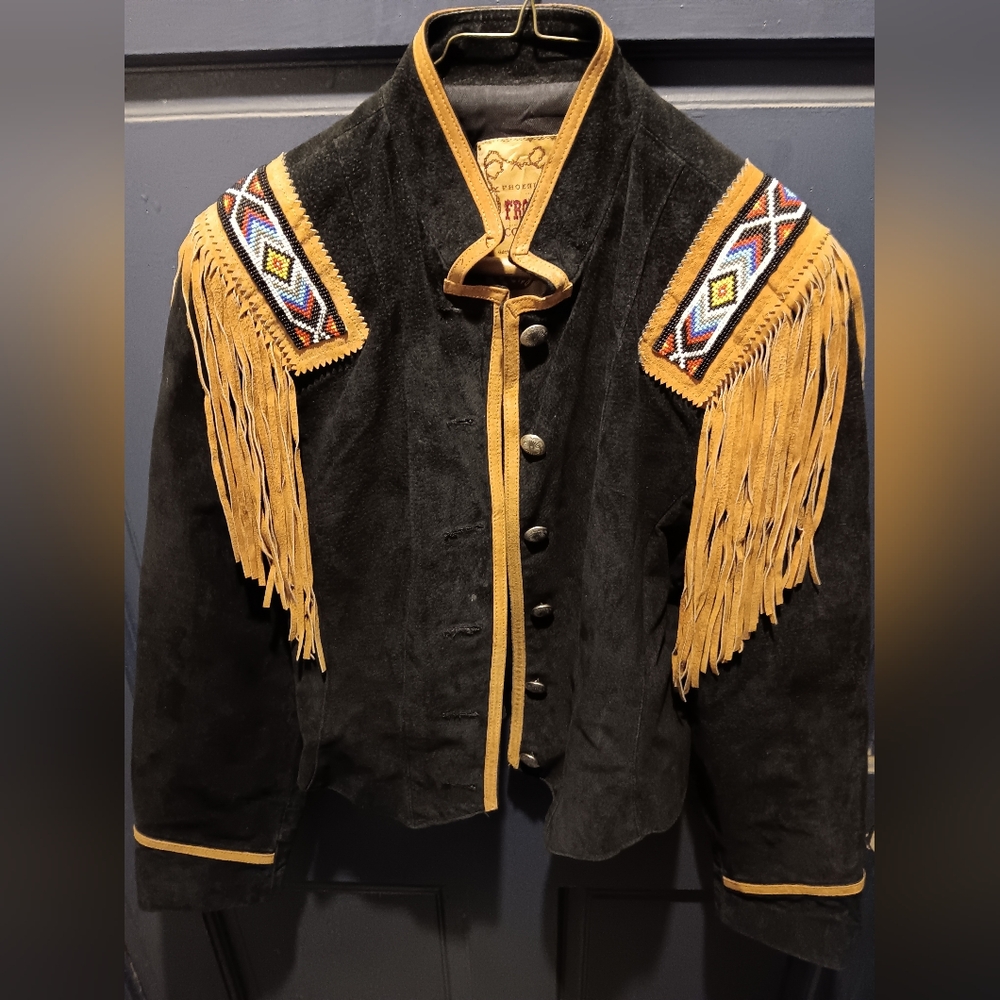 Frontier collection black leather beaded tan fringed southwest jacket size med